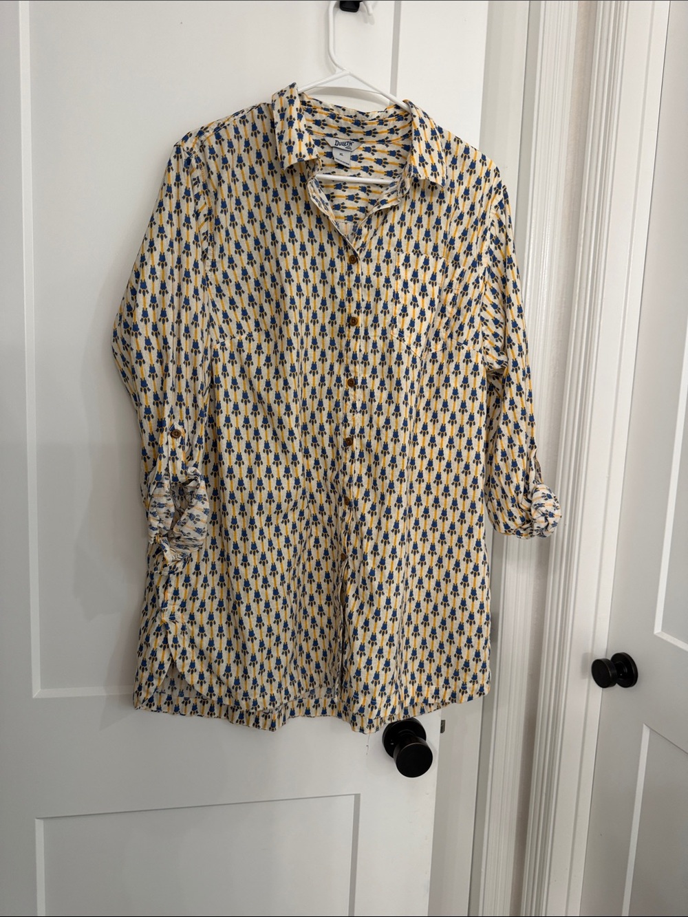 Duluth Trading Co Button-Down Shirt in Yellow with Blue Pattern